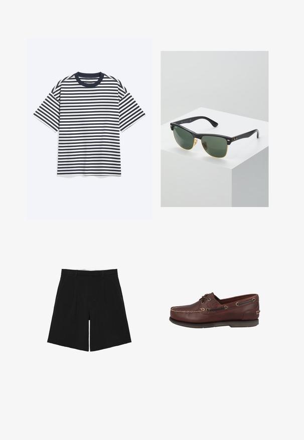 T-shirt à manches courtes avec des rayures horizontales noires et blanches et un col rond noir uni, posé à plat sur un fond clair.; Short noir sur mesure avec passants de ceinture, plis devant et poches latérales, posé à plat sur un fond blanc.; Chaussure bateau en cuir marron à texture lisse, avec deux œillets et surpiqûres en cuir blanc le long de la partie supérieure. Semelle en caoutchouc crantée.; Lunettes de soleil Ray-Ban avec des verres verts, monture en plastique noir et accents dorés sur les bords. Forme carrée avec une finition mate.