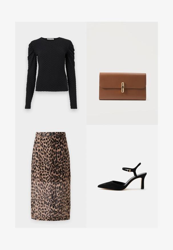 Schwarzes, langärmliges strukturiertes Oberteil mit erhabener Punktstruktur und dezent gepufften Schultern, Rundhalsausschnitt und figurbetonter Silhouette.; Bleistiftrock im Leopardenmuster in Beige und Schwarz. Glattes Material, taillierte Passform mit knielanger Schnittführung und verstecktem Bund. Keine sichtbaren Verschlüsse.; Schwarzer Wildlederpumps mit hohem Absatz, spitzer Schuhspitze und dünnem Knöchelriemen mit kleiner goldener Schnalle.; Braune Lederclutch mit einem goldenen vertikalen Verschluss, rechteckiger Form und glatter, strukturierter Oberfläche auf weißem Hintergrund.