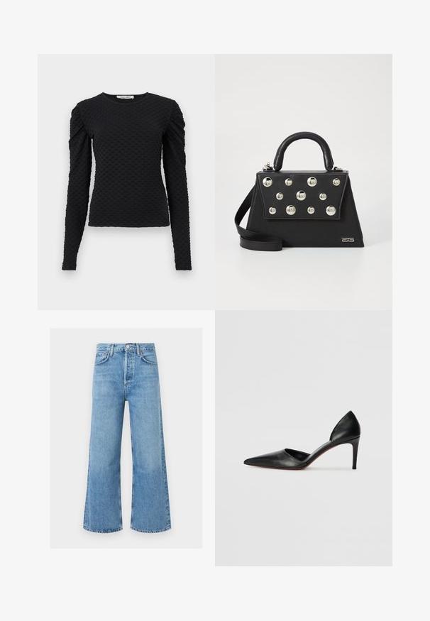 Sort langærmet tekstureret top med hævet prikmønster og let puf på skuldrene, rund halsudskæring og figursyet silhuet.; Lyseblå højhælede vidbenede jeans med knapper foran og lommer, vist mod en ensfarvet hvid baggrund.; Sorte læder højhælede pumps med spidse tæer, åbne sider og en slank silhuet. Har en tynd hæl og rød sål som accent.; Sort håndtaske med en struktureret form, der har et håndtag på toppen, skulderrem og dekorative metalnitter på forsiden.