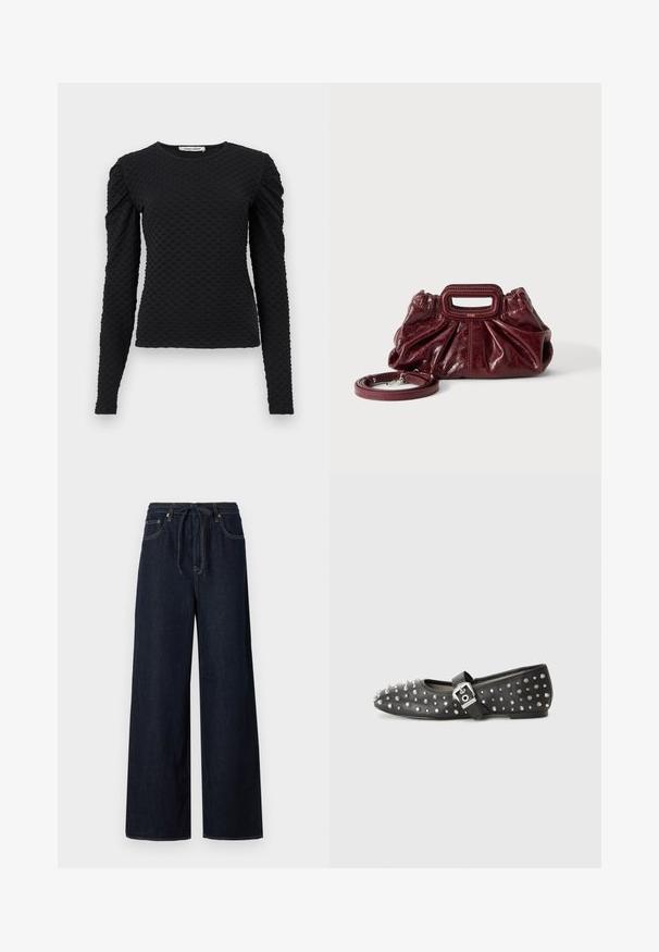 Sort langærmet tekstureret top med hævet prikmønster og let puf på skuldrene, rund halsudskæring og figursyet silhuet.; Mørkeblå vide denimbukser med snoreliv, standard fem-lomme design og kontrasterende syninger.; Sorte flade sko prydet med sølvnitter, med en rem med spænde. Skoen har en spids tå og en lav hæl.; Lille mørkerød læderhåndtaske med opsamlet struktur, rektangulært håndudskåret håndtag og aftagelig skulderrem på hvid baggrund.