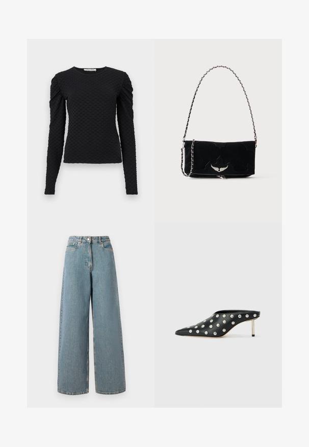 Sort langærmet tekstureret top med hævet prikmønster og let puf på skuldrene, rund halsudskæring og figursyet silhuet.; Høj talje, lyseblå vidde denim jeans med frontlynlås, knappelukning og forlommer.; STAND STUDIO KELSEY - Mules med hæl - black; Sort rektangulær håndtaske med sølvvingeemblem foran og sølvkædestrop mod ensfarvet baggrund.