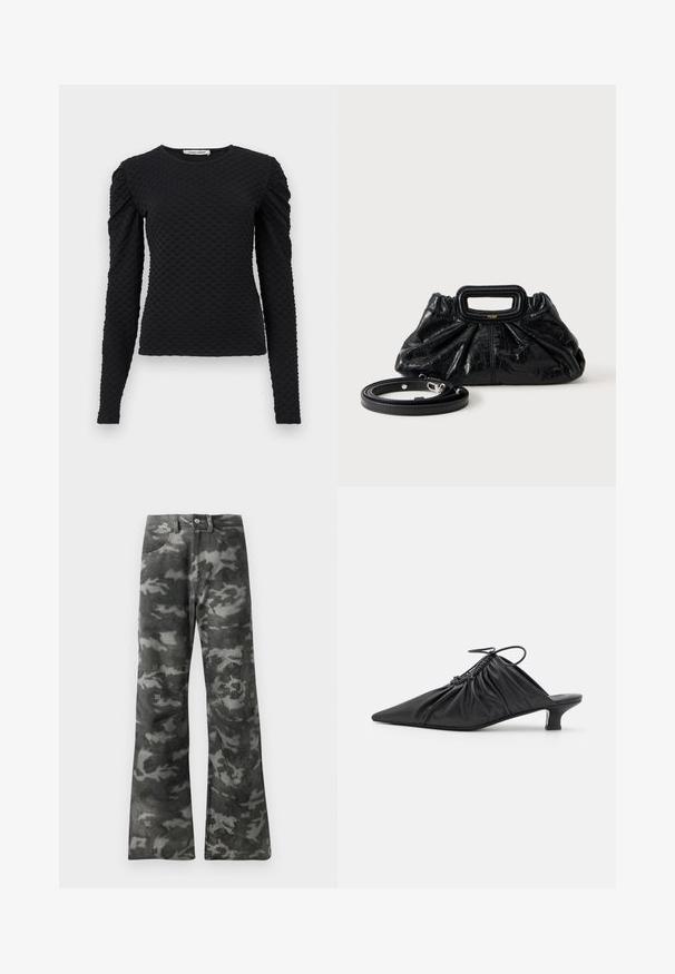 Haut noir à manches longues texturé avec motif à petits points en relief et épaules légèrement bouffantes, encolure ronde et silhouette ajustée.; Jean droit en denim noir et gris foncé à motif camouflage, avec fermeture à bouton et zip et poches avant.; Mules noirs en cuir à enfiler avec un bout pointu, une texture froncée et un petit talon aiguille. Présente un détail à cordon au niveau de l'ouverture.; Petit sac à main en cuir noir avec texture froncée, poignée rectangulaire et fine bandoulière amovible placée à côté.