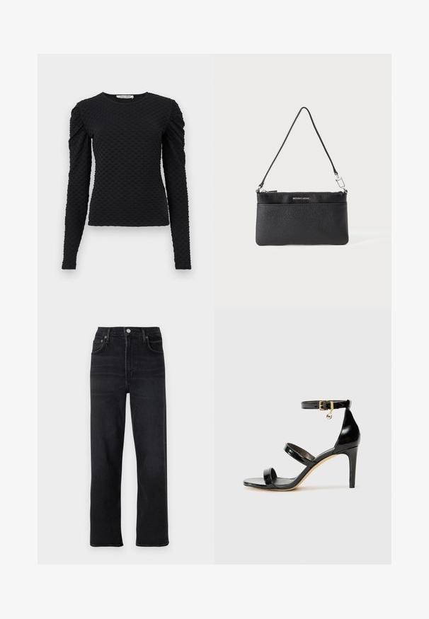 Haut noir à manches longues texturé avec motif à petits points en relief et épaules légèrement bouffantes, encolure ronde et silhouette ajustée.; Jeans droits noirs en denim. Comprend cinq poches, une fermeture à bouton et zip, et des détails de couture subtils.; Sandale en cuir verni noir avec trois brides, boucle de cheville et talon aiguille de 10 cm. Présente un détail en métal doré et un charm logo.; Porte-monnaie en cuir noir, finition texturée, fermeture à glissière, quincaillerie en métal argenté, logo de la marque, bandoulière réglable. Forme compacte et rectangulaire.