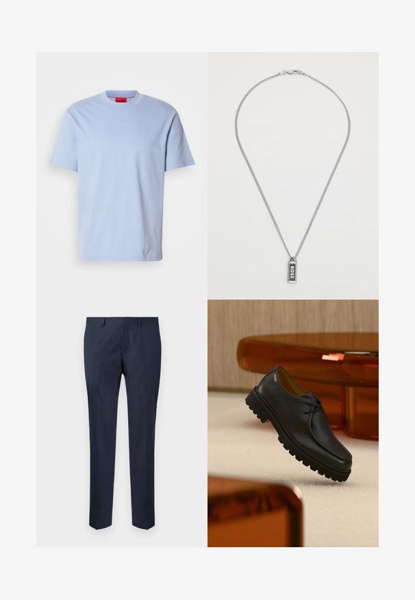 Camiseta de algodón azul claro con cuello redondo, mangas cortas y el logo HUGO en relieve en el frente. Textura suave y ajuste relajado.; Pantalones de corte ajustado en azul marino, fabricados con una tela suave. Presentan un diseño de pierna recta con frente plano y bolsillos laterales.; Zapato negro de cuero con textura, con cordones y suela gruesa con relieves, con la marca "HUGO" cerca del talón, exhibido sobre una alfombra beige y junto a un mueble color ámbar.; Collar de cadena de plata con un colgante rectangular que presenta la palabra "BOSS" en letras blancas en negrita sobre un fondo negro.