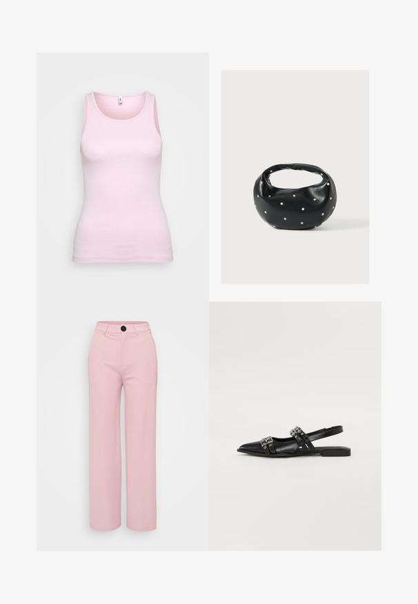 Lyserød bomulds tanktop med ribbet tekstur og klassisk rund halsudskæring. Ærmeløs design, tætsiddende silhuet og uden markante detaljer.; Lys rosa bred benbukser med en glat tekstur, der har en sort knap og et klassisk talje design. Ingen ekstra lommer synlige.; Even&Odd by Zalando Slingback-ballerinasko - black; Sort læderhåndtaske med en rundet form, dekoreret med sølvnitter, og et kort håndtag. Glat tekstur og lynlåslukning.