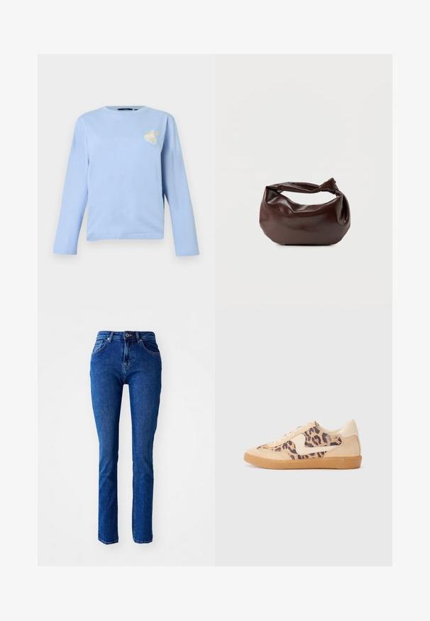 Camiseta de manga larga azul claro hecha de algodón suave, con un pequeño diseño bordado de una cesta con frutas en el área del pecho izquierdo.; Jeans de mezclilla azul con un corte ajustado, cintura alta, piernas rectas y detalles cosidos. Cuenta con un cierre de botón y cremallera. Sin adornos adicionales.; Zapatillas de leopardo con parte superior de ante beige, suela de goma marrón y acentos blancos. Punta redonda y diseño con cordones con un acabado texturado.; Bolso de hombro de cuero marrón oscuro con una forma suave y caída, y un asa con nudo torcido sobre un fondo blanco liso.