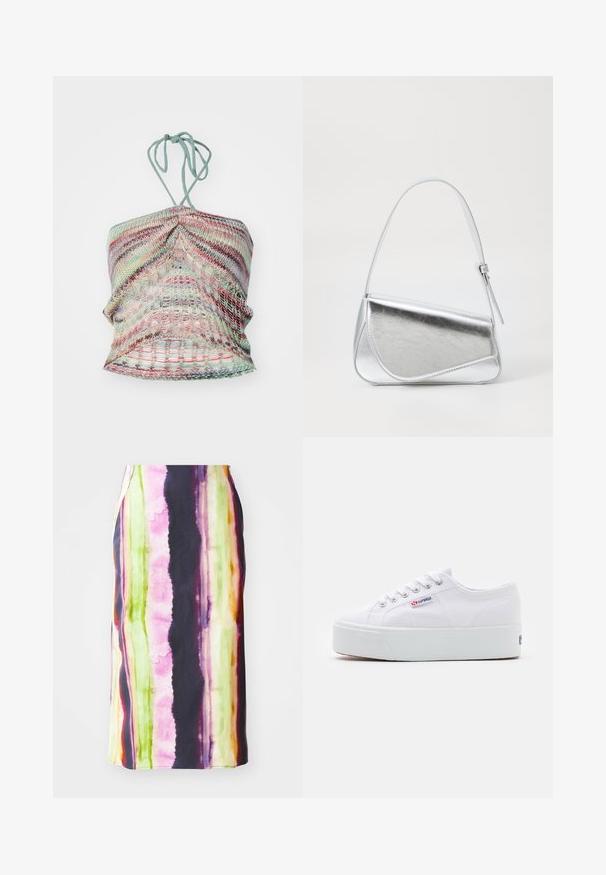 Knit halter top, jossa on monivärisiä raitoja pastellisävyissä, teksturoitu pinta ja solmittava kiinnitys kaulassa.; Värikäs keskipitkä hame, jossa on pystysuorat raidat pinkissä, vihreässä, keltaisessa ja purppurassa. Valmistettu sujuvasta kankaasta, jossa on hienoinen kiilto.; Valkoinen kanvaslenkkari, jossa on paksu valkoinen alustapohja, pyöreä kärki ja metalliset silmukat nauhoille. Brändilogo näkyy sivulla.; Hopeakiloinen käsilaukku, jonka muoto on kolmiomainen, pinta sileä ja ohut, säädettävä olkahihna. Sisältää taitettavan suunnittelun, jossa on ompelu.