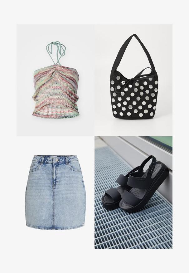 Top de halter de punto con rayas multicolores en tonos pastel, con un acabado texturizado y un cierre de lazo en el cuello.; Mini falda de mezclilla azul claro con cierre frontal de botones y cremallera, trabillas para cinturón y bolsillos delanteros.; Sandalias negras de plataforma con dos tiras anchas y una correa trasera, colocadas sobre una superficie metálica rejilla junto a una ventana de cristal.; Bolso de tela negro con forma redondeada, adornado con tachuelas metálicas circulares plateadas dispuestas en un patrón, y un detalle de tela atado.