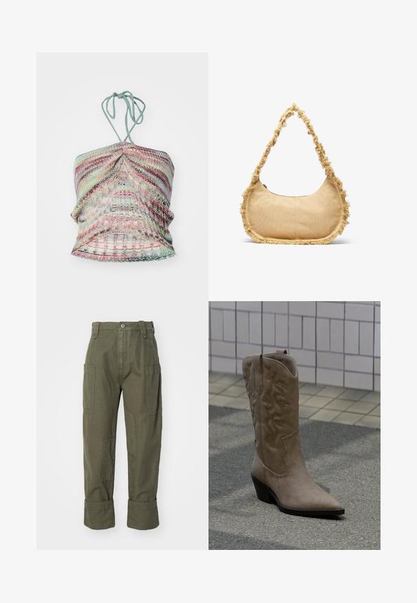 Pletený halter top s viacfarebnými pruhmi v pastelových odtieňoch, s textúrovaným povrchom a viazaním na krku.; Olivové cargo nohavice z bavlny, s viacerými vreckami, rovný strih a zvinutými manžetami na členkoch.; Vysoká béžová semišová kovbojská čižma s dekoratívnym prešívaním a ozdobnými cvočkami, so špicatou špičkou a šikmým čiernym podpätkom na chodníku.; Textúrovaná béžová taška so zaobleným tvarom, s rozstrapkaným okrajom a krátkym popruhom na nosenie. Zipsový otvor na vrchu.