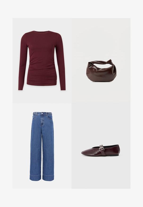 Langemouws aansluitend bordeauxrood overhemd met lichte plooien aan één kant, ronde hals, afgebeeld op een witte achtergrond.; Blauwe denim jeans met wijde pijpen, gevlochten tailleband, knopen aan de voorkant en zakken, weergegeven op een effen achtergrond.; Bordeaux leren balletschoenen met een puntige neus, een platte zool en een decoratieve gesp over de wreef. Glad, glanzend oppervlak.; Donkerbruine leren schoudertas met een zachte, slungelige vorm en een gedraaide knoopvormige handgreep op een effen witte achtergrond.