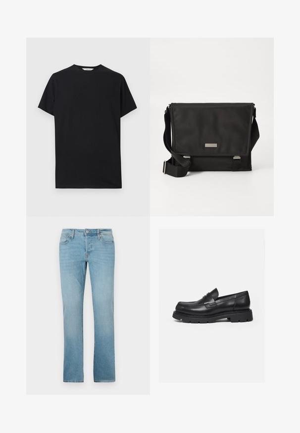 Schwarzes T-Shirt mit kurzen Ärmeln aus weichem Baumwollstoff. Rundhalsausschnitt mit lockerer Passform, das saubere, einfache Linien aufweist und keine sichtbaren Muster hat.; Helle Blaue Jeans aus Denim mit geradem Bein, fünf Taschen, Knopfverschluss und subtiler Verblassung für Textur.; Schwarzer Lederloafer mit dicker, profilierter Sohle und Pennyriemen-Detail, von der rechten Seitenansicht auf weißem Hintergrund gezeigt.; Schwarze Umhängetasche aus Nylon mit matter Oberfläche. Verfügt über einen Klappenverschluss, einen verstellbaren Trageriemen und eine kleine Metall-Logo-Platte.