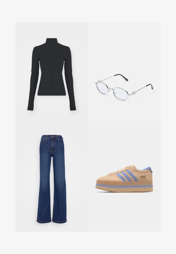 Top negro de canalé con cuello alto, de manga larga, forma ajustada, textura suave y ligero estiramiento, diseñado para comodidad y capas.; Pantalones vaqueros de pierna ancha fabricados en denim azul oscuro. Presentan una cintura alta, diseño de cinco bolsillos y costuras sutiles en las costuras.; Zapatillas de ante beige con rayas azul claro, suela de plataforma y detalles azules en el talón. Cuentan con cierre de cordones y marca en el lateral.; Gafas ovaladas de metal plateado con lentes transparentes, que cuentan con acentos decorativos en los laterales y puntas negras en las patillas para mayor agarre y comodidad.