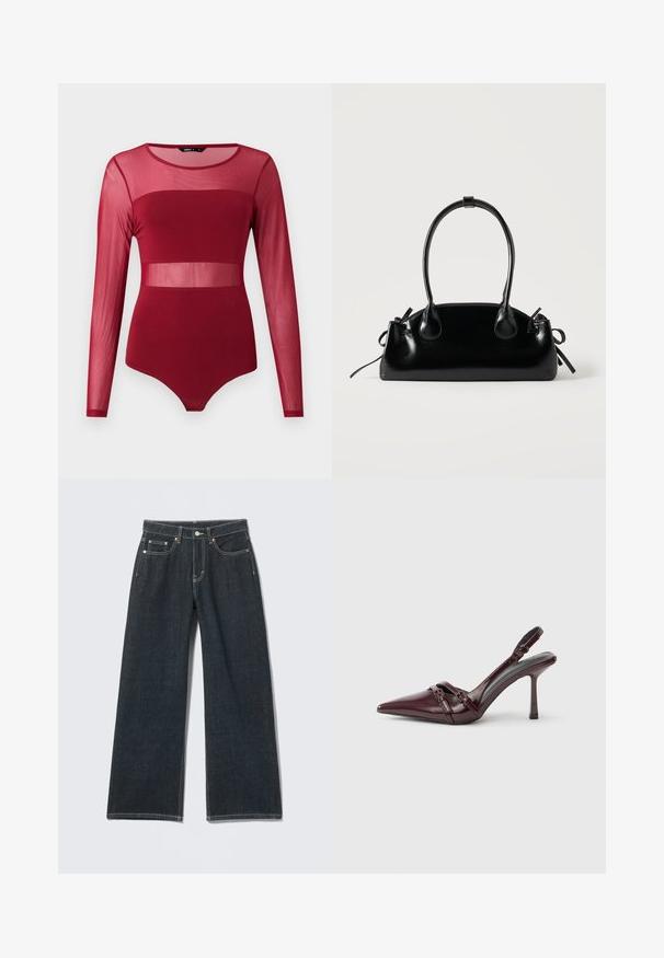 Bordeauxroter Langarm-Body mit transparenten Mesh-Einsätzen auf oberer Brust, Taille und Ärmeln, mit rundem Ausschnitt und figurbetontem Design.; Dunkelblaue Jeans mit weitem Bein, vorn mit Knöpfen, Reißverschluss, Gürtelschlaufen und fünf Taschen, auf hellem einfarbigem Hintergrund.; Bordeauxroter Slingback-Pumps aus Lackleder mit spitz zulaufender Vorderkappe, dünnem Knöchelriemen und kleiner dekorativer Schnalle. Glatte Textur und hoher Absatz.; Kleine schwarze glänzende Handtasche mit zwei langen Griffen und seitlichen Kordelzug-Details vor einfachem hellem Hintergrund.