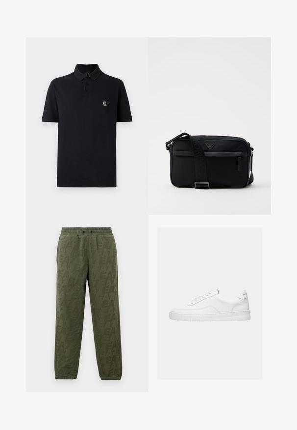 Polo noir en coton, avec un col court, trois boutons et un petit logo brodé sur la poitrine. Design uni, manches courtes.; Pantalons de jogging en polaire vert olive avec taille et poignets élastiques, présentant un motif logo EA7 ton sur ton subtil sur toute la surface.; Baskets basses blanches avec un design à lacets, dessus en cuir lisse et semelle épaisse, montrées de profil sur un fond uni.; Sac à bandoulière en nylon noir avec une sangle contrastante, une forme rectangulaire élégante, un détail de logo et une poche zippée à l'avant.