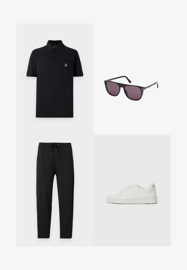 Mustat polo-paidat, jotka on valmistettu puuvillasta, lyhyellä kauluksella, kolmella napilla ja pienellä brodeeratulla logolla rinnassa. Yksinkertainen muotoilu, lyhyet hihat.; Armani Exchange AX LOGO SWEAT PANTS - Verryttelyhousut - black; Valkoinen nahkakenkä, jossa on sileä pinta, pyöreä kärki, tasaiset nauhat ja teksturoitu pohja. Sisältää huomaamattoman logon kantapäässä.; Mustat aurinkolasit, joissa on suorakulmainen kehys ja tummat linssit. Metalliset korostukset temppeleissä lisäävät yksityiskohtia. Kevyt muotoilu, moderni esteettisyys.