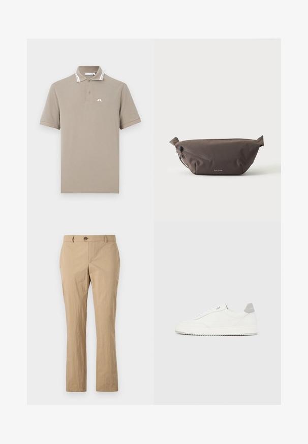 Camiseta tipo polo beige con una tapeta de tres botones, cuello a rayas blancas a contraste y pequeño logo blanco en el pecho. Mangas cortas.; Pantalones de algodón beige con un diseño de pierna recta, que presentan un cierre de botón, trabillas para cinturón y una textura suave. Sin patrones visibles.; Zapatilla blanca de corte bajo con pestaña en el talón gris, cordones blancos y suela texturizada, presentada sobre un fondo claro y liso.; Riñonera de tela marrón oscuro con bolsillo diagonal con cremallera y pequeño logo blanco en el frontal, sobre un fondo liso y claro.