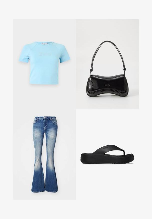 Crop top bleu clair à manches courtes avec col rond, avec l'inscription « Juicy » en strass centrée sur la poitrine.; Jean flare bleu en denim avec un lavage délavé. Les caractéristiques comprennent une taille cintrée, une conception à cinq poches et un léger effet vieilli au niveau des ourlets.; Tongs noires avec une semelle surélevée, en matériau en caoutchouc. Comprend une lanière de style thong et un semelle texturée pour une meilleure adhérence.; Sac à main en vernis noir avec une forme courbée, une poignée unique et un fond arrondi. Présente un détail de logo discret à l'avant.