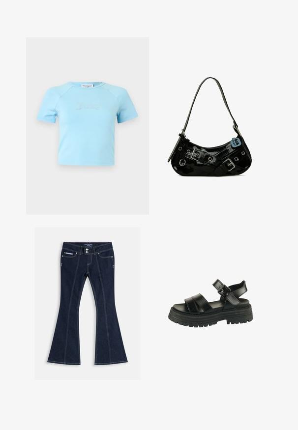 Lichtblauw crop top met korte mouwen en ronde halslijn, met "Juicy" in strass-steentjes op de borst gecentreerd.; Donkerblauwe wijde jeans met witte stiksels, voorzakken, riemlussen en twee zilveren knopen aan de tailleband.; Zwarte sandaal met dikke zool, twee brede voorste banden, een enkelband en zilveren gesp op een witte achtergrond.; Zwarte gepatineerde leren handtas met een gebogen vorm, voorzien van zilveren hardware, decoratieve sluitingen en een korte schouderband. Blauwe label bevestigd.