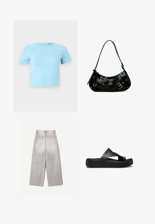 Hellblaues Crop-Top mit kurzen Ärmeln und rundem Ausschnitt, mit „Juicy“ in Strasssteinen zentriert auf der Brust.; Hellgraue Jeans mit weitem Bein und hoher Taille sowie zwei Gesäßtaschen, von hinten auf weißem Hintergrund gezeigt.; Schwarze Plattform-Flip-Flops mit einer strukturierten Gummisohle, die ein Kreuzriemen-Design und eine matte Oberfläche aufweisen. Das Markenlogo ist dezent an der Seite angebracht.; Schwarze Lackleder-Handtasche mit geschwungener Form, ausgestattet mit silbernem Beschlag, dekorativen Schnallen und einem kurzen Griff. Blaue Anhängeschild befestigt.
