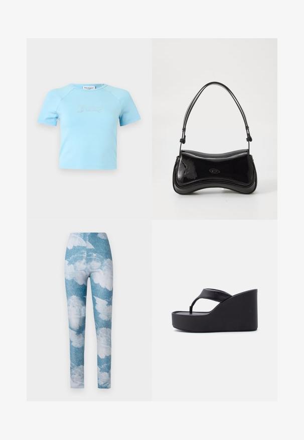 Crop top bleu clair à manches courtes avec col rond, avec l'inscription « Juicy » en strass centrée sur la poitrine.; Leggings avec un fond en denim bleu et des motifs de nuages blancs. Le tissu semble extensible avec un design ajusté et une longueur au niveau de la cheville.; Sandale compensée noire à plateforme avec large lanière entre les orteils et semelle surélevée, conçue pour un usage décontracté.; Sac à main en vernis noir avec une forme courbée, une poignée unique et un fond arrondi. Présente un détail de logo discret à l'avant.