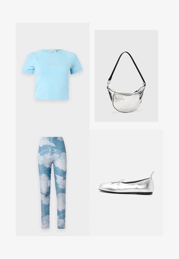 Lyseblå crop top med korte ærmer og rund halsudskæring med teksten "Juicy" i rhinsten midt på brystet.; Leggings med en blå denim baggrund og hvide sky mønstre. Stoffet synes strækbart med en tætsiddende design og ankel længde.; Sølvmetallic balletsko med lille sløjfe foran, sort sål og trækflap ved hælen, vist fra siden.; Sølvfarvet metallisk skuldertaske i halvmåneform med sort justerbar rem og lynlås lukning på ensartet lys baggrund.