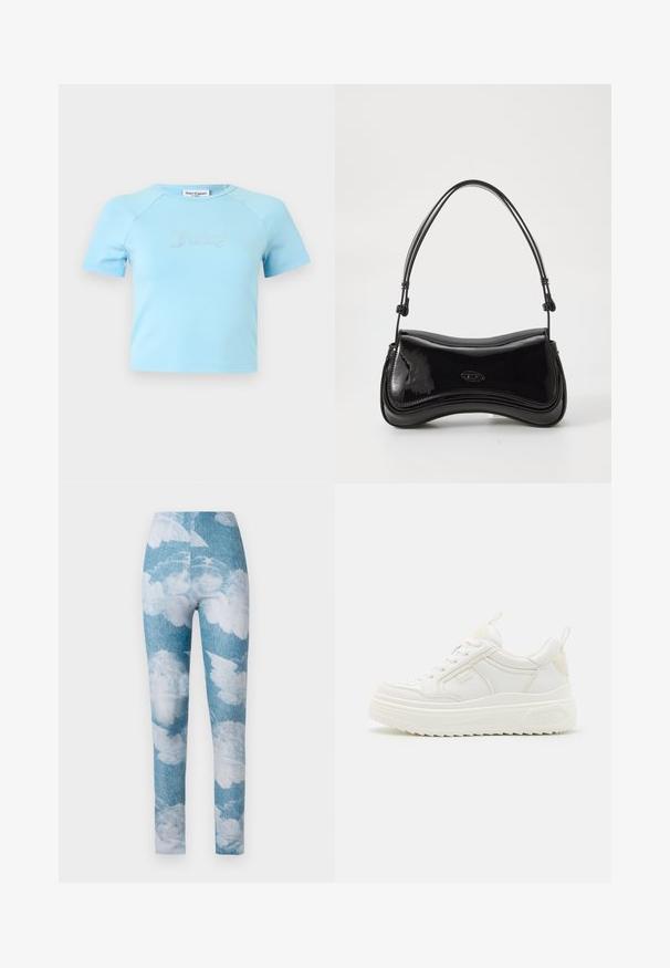 Lyseblå crop top med korte ærmer og rund halsudskæring med teksten "Juicy" i rhinsten midt på brystet.; Leggings med en blå denim baggrund og hvide sky mønstre. Stoffet synes strækbart med en tætsiddende design og ankel længde.; Hvide lædersneakers med en kraftig sål, snørebåndsdesign og subtil branding. Har en glat overflade og rund tå.; Sort patentlæder håndtaske med en buet form, et enkelt håndtag og en rund bund. Har en subtil logo-detalje på forsiden.
