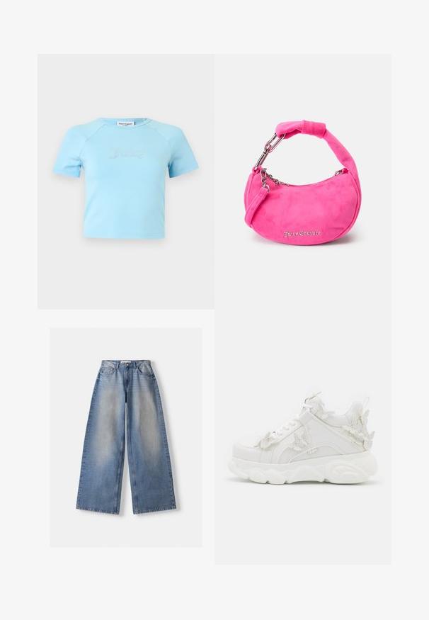 Lichtblauw crop top met korte mouwen en ronde halslijn, met "Juicy" in strass-steentjes op de borst gecentreerd.; Brede blauwe denim jeans met hoge taille en vervaagde details, plat gelegd op een witte achtergrond.; Witte chunky sneaker met dikke zool en decoratieve 3D vlinderaccenten aan de zijkant, veters en hiel.; Roze suède handtas met een gebogen vorm, korte gewatteerde handgreep, zilverkleurige hardware en het "Juicy Couture" logo in een sierlijk lettertype aan de voorkant.