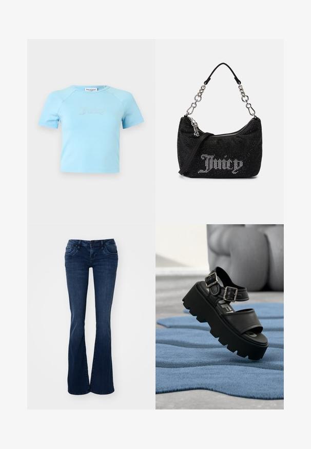 Crop top bleu clair à manches courtes avec col rond, avec l'inscription « Juicy » en strass centrée sur la poitrine.; Jean évasé bleu foncé en denim, avec des poches avant, une fermeture à bouton et une texture lisse.; Sandale plateforme noire épaisse avec deux boucles argentées sur un tapis bleu texturé, sculpture grise floue en arrière-plan.; Sac noir avec des embellissements en strass, une forme courbée et une anse en chaîne argentée. Dispose d'une fermeture éclair et du logo "Juicy" en blanc.
