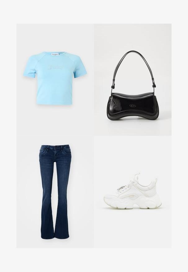 Lichtblauw crop top met korte mouwen en ronde halslijn, met "Juicy" in strass-steentjes op de borst gecentreerd.; Donkerblauwe uitlopende jeans van denim, met voorzakken, een knoopsluiting en een zachte textuur.; Witte chunky sneakers van leer en mesh-materialen, met een dikke zool, ronde neus en decoratieve veters. Licht gemêleerde accenten.; Zwarte laarzen van patentleer met een gebogen vorm, een enkele handgreep en een ronde bodem. Beschikt over een subtiele logodetail aan de voorkant.
