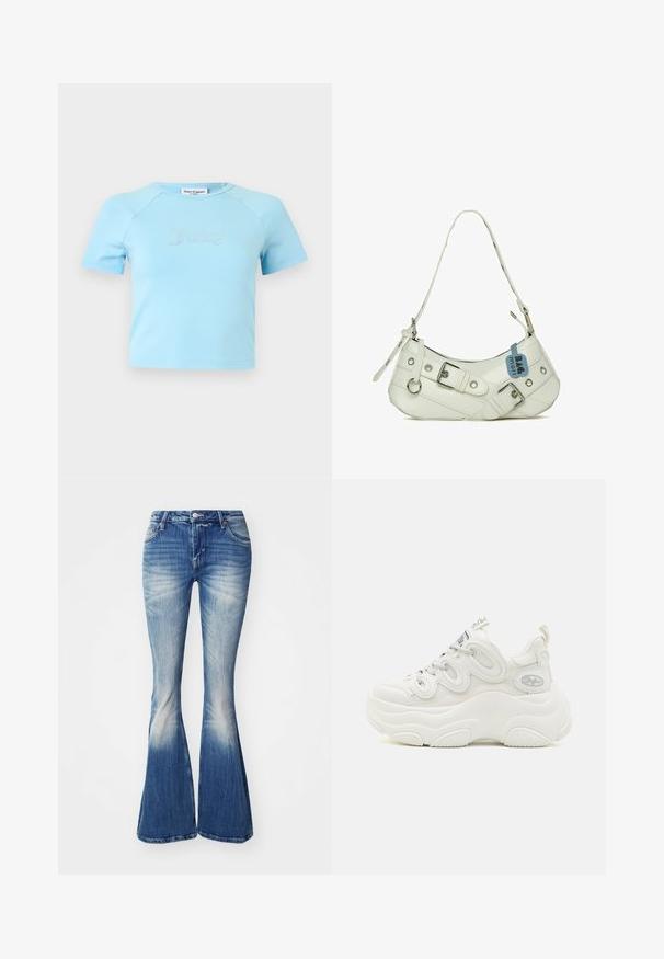 Crop top bleu clair à manches courtes avec col rond, avec l'inscription « Juicy » en strass centrée sur la poitrine.; Jean flare bleu en denim avec un lavage délavé. Les caractéristiques comprennent une taille cintrée, une conception à cinq poches et un léger effet vieilli au niveau des ourlets.; Baskets blanches chunky avec une tige en mesh et synthétique, forme incurvée, semelle texturée et système de laçage proéminent avec des détails de logo.; Sac à main synthétique blanc avec une silhouette incurvée, une bandoulière réglable, une boucle décorative, du matériel en argent et une étiquette bleue attachée.