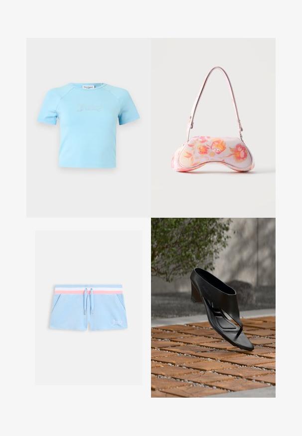 Lyseblå crop top med korte ærmer og rund halsudskæring med teksten "Juicy" i rhinsten midt på brystet.; Lyseblå velourg shorts med en pink og hvid stribet talje, snøre-lukning og sidelommer. Indeholder "Juicy" broderet i hvid.; Sort højhælet sandal med thongsrem, svævende over et mønstret træ- og grusbelagt udendørsareal med sløret grønt område og væg i baggrunden.; Lille håndtaske med en buet form med et pink og orange blomsterprint og en enkelt skulderrem mod en ensfarvet baggrund.