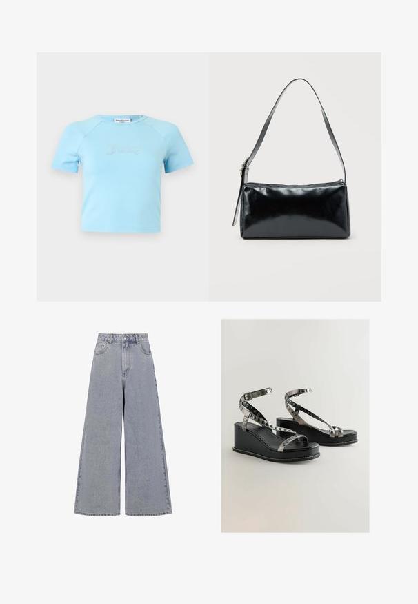Lyseblå crop top med korte ærmer og rund halsudskæring med teksten "Juicy" i rhinsten midt på brystet.; Lysblå bredbenede jeans lavet af denim, med høj talje, fire lommer og en klassisk knaplukning med subtil slid.; Sorte kile-sandaler med metalliske stropper og cirkulære udskæringer. Glat læderoverflade med hvide syninger.; Sort rektangulær skuldertaske med en enkelt justerbar rem og lynlås i toppen på en ensfarvet baggrund.