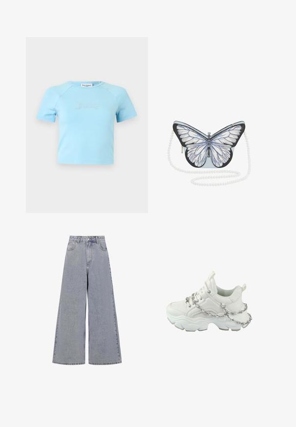 Lyseblå crop top med korte ærmer og rund halsudskæring med teksten "Juicy" i rhinsten midt på brystet.; Lysblå bredbenede jeans lavet af denim, med høj talje, fire lommer og en klassisk knaplukning med subtil slid.; Chunky hvid sneaker med en glat læderoverdel, snørebånd, gummisål og en dekorativ kæde med perler omkring anklen.; Sølvformet håndtaske med lyseblå krop, detaljerede hvide vinger, sorte accenter og en perle-lignende kædetræk. Lynlåslukning på siden.
