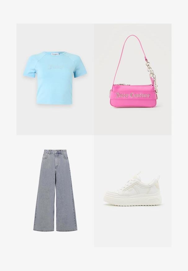 Lyseblå crop top med korte ærmer og rund halsudskæring med teksten "Juicy" i rhinsten midt på brystet.; Lysblå bredbenede jeans lavet af denim, med høj talje, fire lommer og en klassisk knaplukning med subtil slid.; Hvide lædersneakers med en kraftig sål, snørebåndsdesign og subtil branding. Har en glat overflade og rund tå.; Lille lys pink Juicy Couture håndtaske med sølvkædedetalje og logotekst på forsiden, enkelt smalt skulderrem.