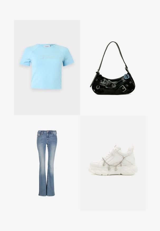 Crop top bleu clair à manches courtes avec col rond, avec l'inscription « Juicy » en strass centrée sur la poitrine.; Jean bootcut en denim bleu clair avec cinq poches, fermeture à bouton et zip sur le devant, détails décolorés aux cuisses et aux genoux.; Baskets blanches avec une semelle épaisse, tige en cuir texturé et chaîne en métal décorative avec des breloques. Dispose d'un système de laçage et d'un col rembourré.; Sac à main en cuir verni noir avec une forme incurvée, présentant des ferrures en argent, des boucles décoratives et une bandoulière courte. Étiquette bleue attachée.