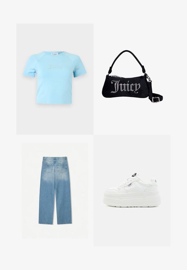 Lyseblå crop top med korte ærmer og rund halsudskæring med teksten "Juicy" i rhinsten midt på brystet.; Lysblå denimjeans med lige ben-design, som har to baglommer og en falmet tekstur i de øverste sektioner.; Hvide platform sneakers med en glat syntetisk overflade, rund tå, polstret krave og tekstureret sål. Har et kontrasterende logo-tag.; Sort fløjl skuldertaske med "Juicy" stavet i rhinsten, med en kort håndtag og en aftagelig justerbar rem med sølvspænde.