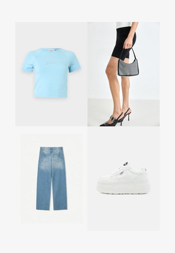 Lyseblå crop top med korte ærmer og rund halsudskæring med teksten "Juicy" i rhinsten midt på brystet.; Lysblå denimjeans med lige ben-design, som har to baglommer og en falmet tekstur i de øverste sektioner.; Hvide platform sneakers med en glat syntetisk overflade, rund tå, polstret krave og tekstureret sål. Har et kontrasterende logo-tag.; Sort perlehandtaske med en buet silhuet, bærehåndtag og blank overflade. Båret med højhælede sorte sko og tætsiddende sorte shorts.