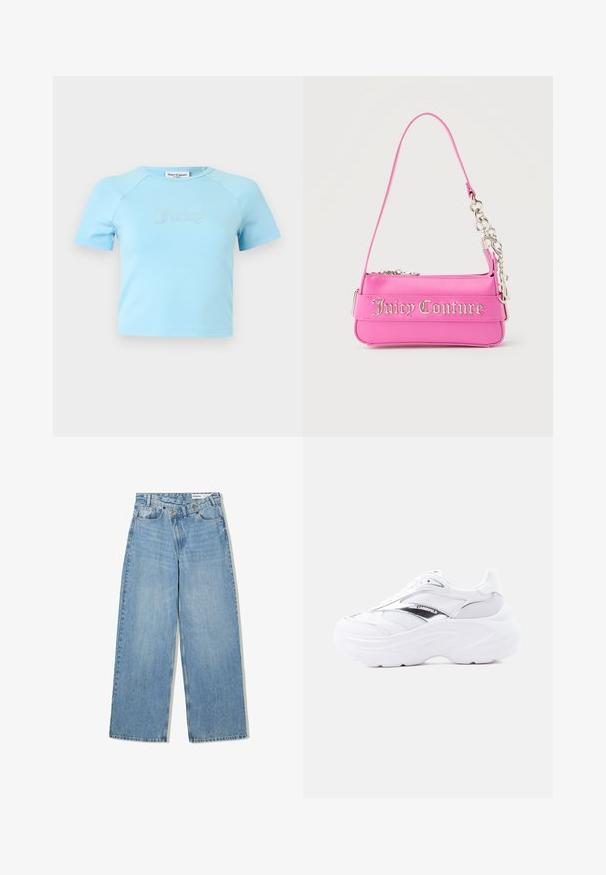 Hellblaues Crop-Top mit kurzen Ärmeln und rundem Ausschnitt, mit „Juicy“ in Strasssteinen zentriert auf der Brust.; Hellblaue weite Jeans aus Denim, mit hoher Taille, fünf Taschen, Knopfverschluss und dezentem Verblassen für Textur.; Weißer klobiger Sneaker mit Mesh- und Lederobermaterial, dicker Sohle, metallisch-silbernem Detail und „Karl Lagerfeld“-Branding an der Seite.; Kleine, leuchtend pinke Juicy Couture Handtasche mit silbernen Kettendetails und Logo-Schriftzug auf der Vorderseite, schmaler einzelner Schulterriemen.