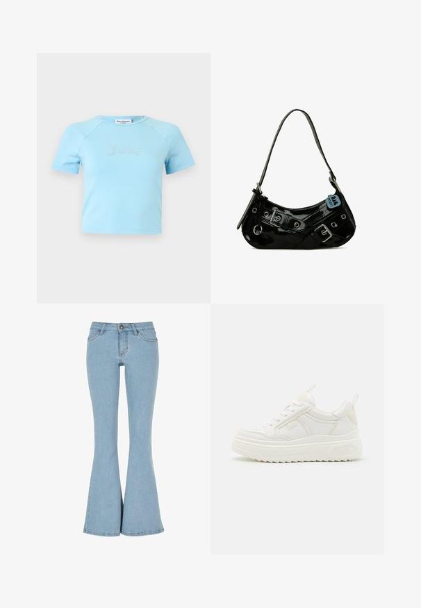 Svetlomodrý krátky crop top s krátkymi rukávmi a okrúhlym výstrihom, s nápisom „Juicy" z kryštálikov uprostred na hrudi.; Svetlo modré rozšírené džínsy s vysokým pásom, piatimi vreckami a gombíkovým zapínaním. Majú hladkú textúru a čistý lem.; Biele kožené tenisky s masívnou podrážkou, viazaním a decentným brandingom. Majú hladký povrch a okrúhlu špičku.; Čierna lakovaná kožená taška s zakriveným tvarom, s striebornými kovaniami, dekoratívnymi prackami a krátkym popruhom. Pripojená modrá visačka.