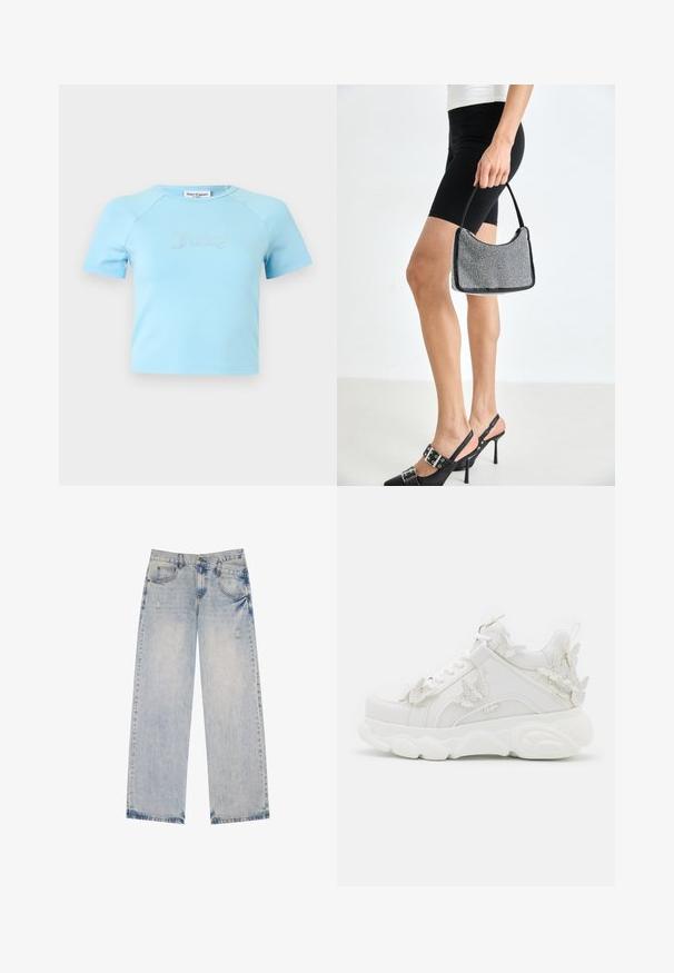 Hellblaues Crop-Top mit kurzen Ärmeln und rundem Ausschnitt, mit „Juicy“ in Strasssteinen zentriert auf der Brust.; Helle blaue Jeans im Straight-Leg-Design mit abgetragenen Akzenten, fünf Taschen und sichtbaren Nähdetails.; Weißer klobiger Sneaker mit dicker Sohle und dekorativen 3D-Schmetterlingsakzenten an der Seite, den Schnürsenkeln und der Ferse.; Schwarze Perlen-Handtasche mit geschwungener Silhouette, Tragegriff und glänzender Textur. Kombiniert mit schwarzen High Heels und enganliegenden schwarzen Shorts.