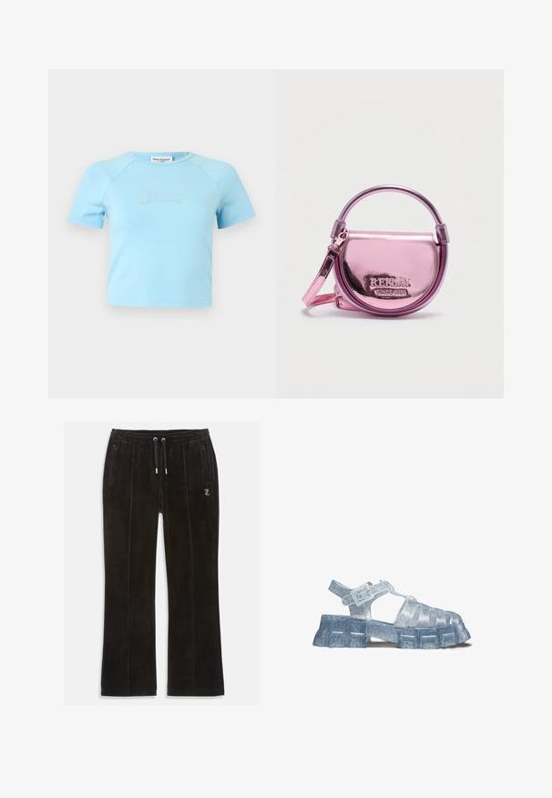 Hellblaues Crop-Top mit kurzen Ärmeln und rundem Ausschnitt, mit „Juicy“ in Strasssteinen zentriert auf der Brust.; Schwarze Samt-Sweatpants mit weicher Textur, ausgestattet mit einem elastischen Taillenbund mit Zugband und zwei Seitentaschen. Dezentes Logo-Detail vorhanden.; Transparente Jelly-Sandale mit grob strukturiertem Absatz und verstellbarem Schnallenriemen, verziert mit Glitzer im gesamten durchsichtigen Material.; Kleine runde metallisch pinke Handtasche mit obere Griff und Schulterriemen, REPLAY-Logo und "SINCE 1981" auf der vorderen Klappe geprägt.