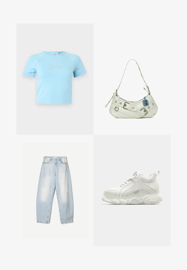 Hellblaues Crop-Top mit kurzen Ärmeln und rundem Ausschnitt, mit „Juicy“ in Strasssteinen zentriert auf der Brust.; Hellblaue Jeans aus Denim mit lockerer Passform, im ausgewaschenen Finish, zwei Fronttaschen und einem Knopfverschluss am Bund.; Weiße Sportsneaker mit einem glatten Lederobermaterial, abgerundeter Sohle und strukturiertem Akzent. Ausgestattet mit Schnürsenkeln und einem Zugband auf der Rückseite.; Weißer synthetischer Handtasche mit geschwungener Silhouette, verstellbarem Tragegurt, dekorativer Schnalle, silberner Hardware und einem anhängenden blauen Etikett.