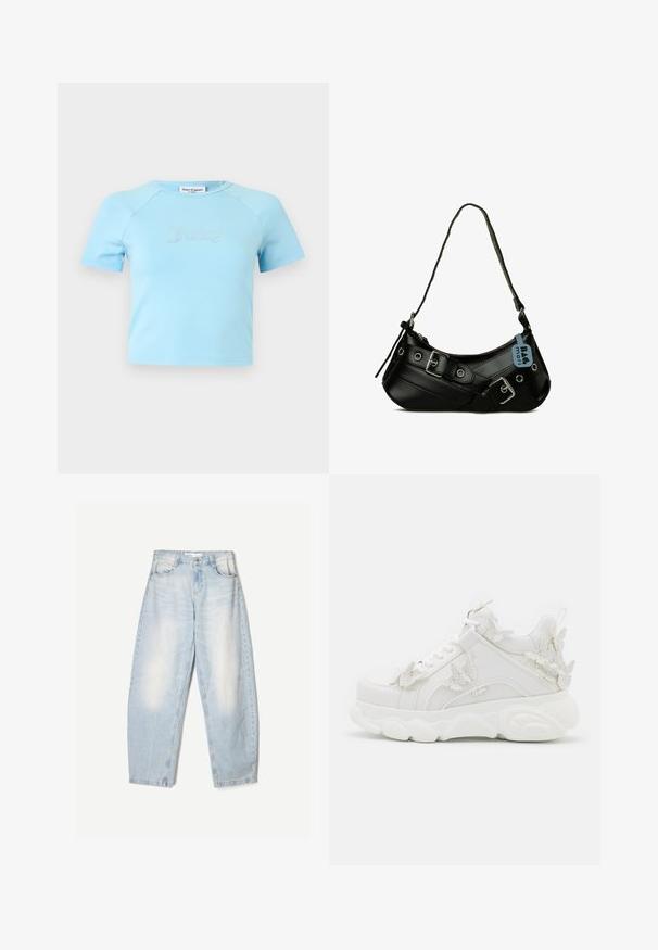 Crop top bleu clair à manches courtes avec col rond, avec l'inscription « Juicy » en strass centrée sur la poitrine.; Jean en denim bleu clair à coupe décontractée, avec une finition délavée, deux poches avant et une fermeture par bouton au niveau de la taille.; Baskets blanches épaisses avec une semelle épaisse et des accents décoratifs de papillons en 3D sur le côté, les lacets et le talon.; Sac à main synthétique noir avec une forme courbée, une bandoulière réglable et des boucles décoratives en métal. Présente une texture lisse et brillante.