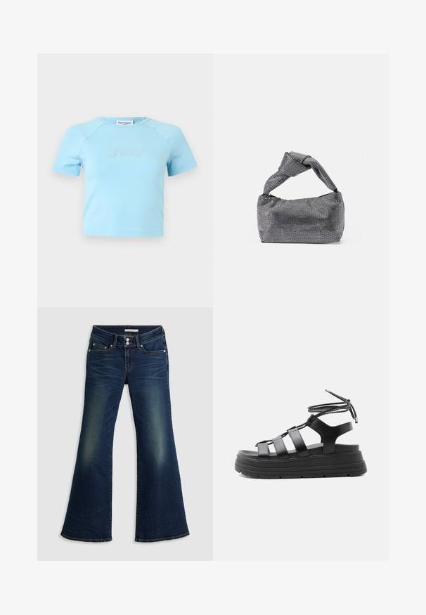 Hellblaues Crop-Top mit kurzen Ärmeln und rundem Ausschnitt, mit „Juicy“ in Strasssteinen zentriert auf der Brust.; Dunkelblaue Jeans im Super-Low-Flare-Schnitt mit Front- und Gesäßtaschen, doppeltem Knopfverschluss und verwaschenen Details an Oberschenkeln und Knien.; Schwarze Plateausandale mit dicker Sohle, mehreren horizontalen Riemen und einer Wickelbindung am Knöchel vor einfachem hellem Hintergrund.; Schwarz-silberne Handtasche mit einer strukturierten Oberfläche, die ein Diamantmuster aufweist, einem geknoteten Griff und einer strukturierten Form.