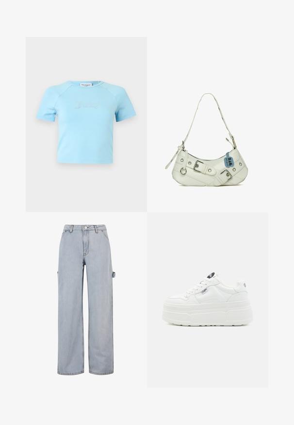 Hellblaues Crop-Top mit kurzen Ärmeln und rundem Ausschnitt, mit „Juicy“ in Strasssteinen zentriert auf der Brust.; Hellblaue Denim-Jeans mit weitem Bein, Knopf- und Reißverschluss, Gürtelschlaufen und einem seitlichen Detail an einem Bein. Ohne sichtbare Abnutzungen.; Weiße Plattform-Sneaker mit einer glatten synthetischen Oberfläche, rundem Zehenbereich, gepolstertem Kragen und strukturiertem Profil. Mit einem kontrastierenden Logo-Tag.; Weißer synthetischer Handtasche mit geschwungener Silhouette, verstellbarem Tragegurt, dekorativer Schnalle, silberner Hardware und einem anhängenden blauen Etikett.