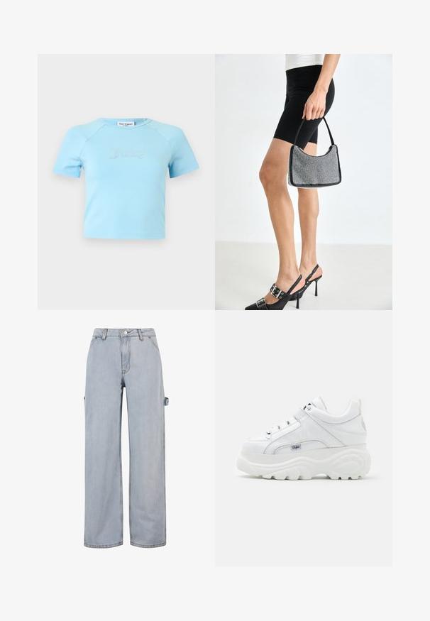 Hellblaues Crop-Top mit kurzen Ärmeln und rundem Ausschnitt, mit „Juicy“ in Strasssteinen zentriert auf der Brust.; Hellblaue Denim-Jeans mit weitem Bein, Knopf- und Reißverschluss, Gürtelschlaufen und einem seitlichen Detail an einem Bein. Ohne sichtbare Abnutzungen.; Weiße Plattform-Sneaker aus glänzendem synthetischen Material mit Schnürdesign, gepolstertem Kragen und markiertem Akzent an der Seite.; Schwarze Perlen-Handtasche mit geschwungener Silhouette, Tragegriff und glänzender Textur. Kombiniert mit schwarzen High Heels und enganliegenden schwarzen Shorts.