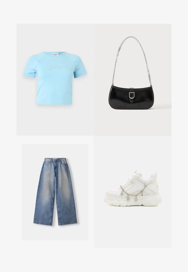 Lyseblå crop top med korte ærmer og rund halsudskæring med teksten "Juicy" i rhinsten midt på brystet.; Lyseblå vidde jeans med falmet front, fem-lomme stil, knap- og lynlåslukning, lagt fladt på en hvid baggrund.; Hvide sneakers med en kraftig sål, tekstureret læderoverdel og dekorativ metal kæde med charms. Har snørebåndslukning og polstret krave.; Sort skuldertaske i laklæder med sølv spænde og sølv kæderem, vist mod en ensartet lys baggrund.
