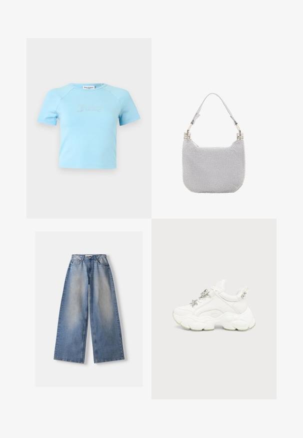 Lyseblå crop top med korte ærmer og rund halsudskæring med teksten "Juicy" i rhinsten midt på brystet.; Lyseblå vidde jeans med falmet front, fem-lomme stil, knap- og lynlåslukning, lagt fladt på en hvid baggrund.; Hvid chunky sneaker med tyk tekstureret sål, sølvstjerne og sommerfugledekorationer på hvide snørebånd og sølvnitter på hælremmen.; Grå og sølv håndtaske med et tekstureret mønster, rund form, skulderrem og skinnende hardware detaljer. Lynlåslukning øverst.