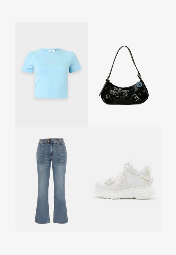 Crop top bleu clair à manches courtes avec col rond, avec l'inscription « Juicy » en strass centrée sur la poitrine.; Jean en denim bleu à taille haute, poches plaquées à l'avant, fermeture par bouton et zip, et une silhouette de jambe légèrement évasée.; Baskets blanches épaisses avec une semelle épaisse et des accents décoratifs de papillons en 3D sur le côté, les lacets et le talon.; Sac à main en cuir verni noir avec une forme incurvée, présentant des ferrures en argent, des boucles décoratives et une bandoulière courte. Étiquette bleue attachée.