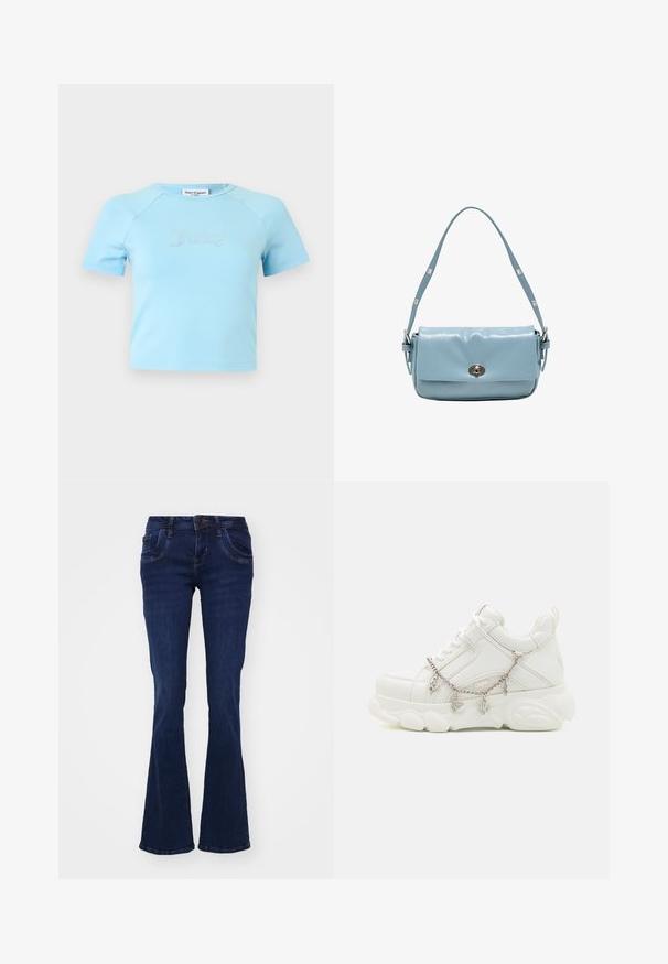 Crop top bleu clair à manches courtes avec col rond, avec l'inscription « Juicy » en strass centrée sur la poitrine.; Jean flare bleu foncé en denim. Comprend cinq poches, une fermeture éclair à l'avant et des détails de couture le long des coutures.; Baskets blanches avec une semelle épaisse, tige en cuir texturé et chaîne en métal décorative avec des breloques. Dispose d'un système de laçage et d'un col rembourré.; Sac bandoulière en cuir bleu clair avec une sangle réglable et une fermeture tourniquet argentée sur le rabat avant.